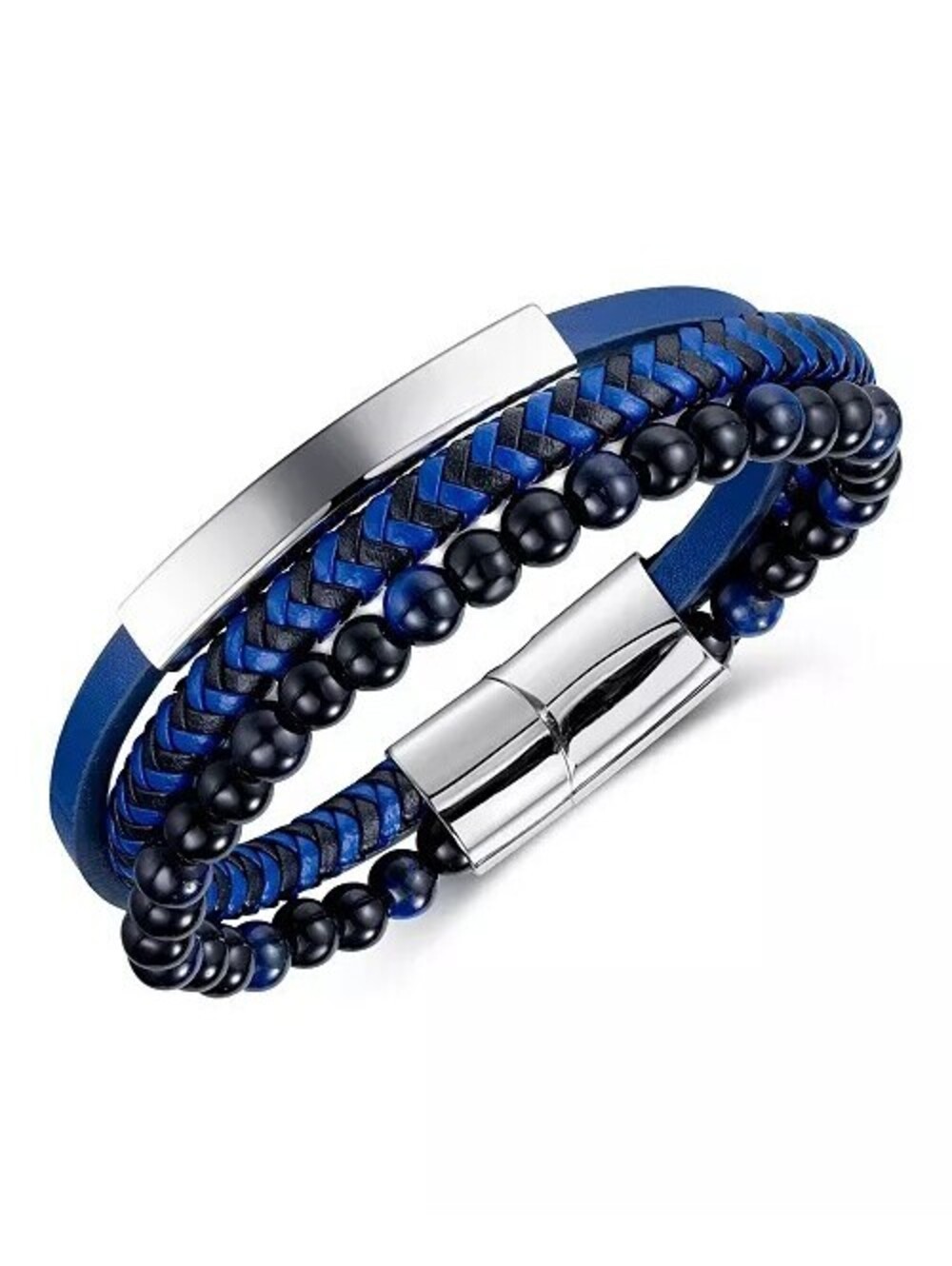 Rhona SuttonBlue Beaded Plated Leather Stainless Steel Bracelet $140
